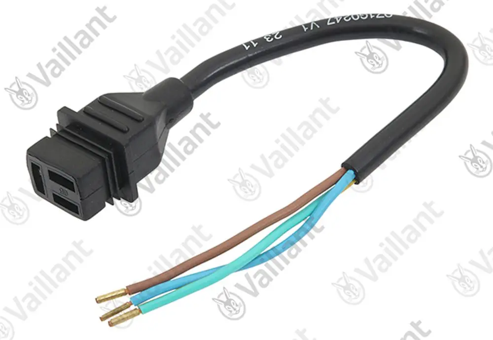 Vaillant Kabel mit zwei offenen Kabelenden, die in drei verschiedenen Farben (braun, blau, grün) isoliert sind und an einem rechteckigen Stecker befestigt sind.